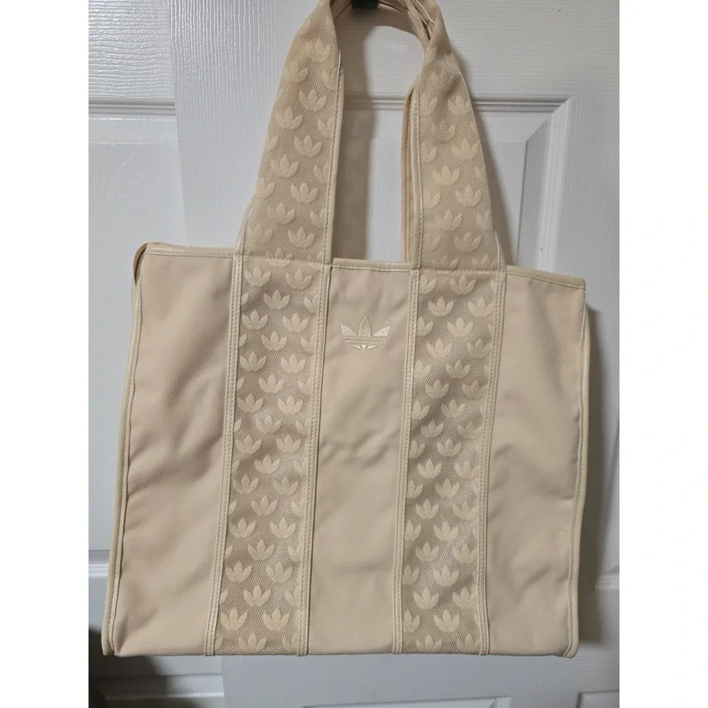 Adidas Beige Mesh‎ Logo Tote Bag Zip Closure Double Handles Lined Designer